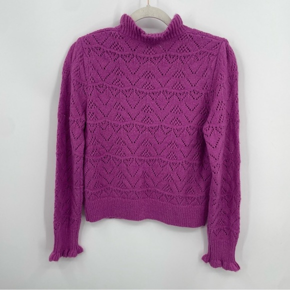 Sundance Bertina Everyday Turtleneck Pointelle Ruffled purple Sweater petite S - Picture 4 of 6